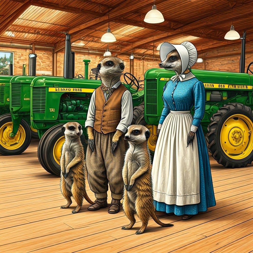 Meerkat Family Visit Tractor Museum in Storybook Style