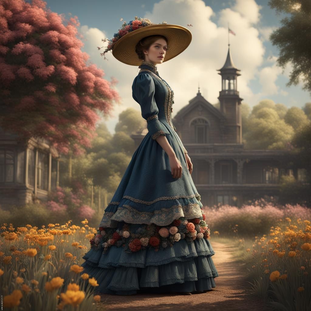 Victorian Woman in Floral Hat, Detailed Matte Painting