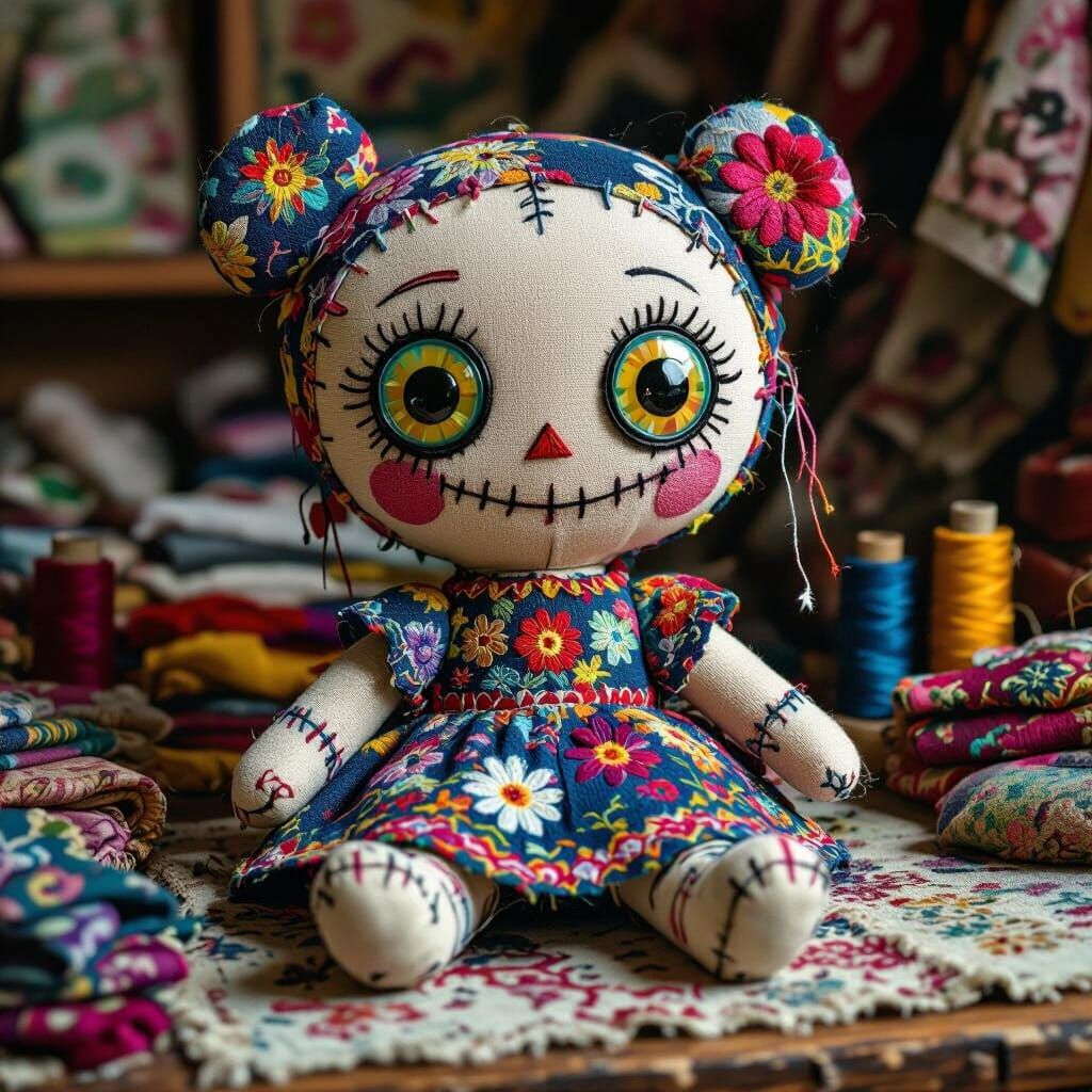 Whimsical Voodoo Doll in Sewing Room, Folk Art Style