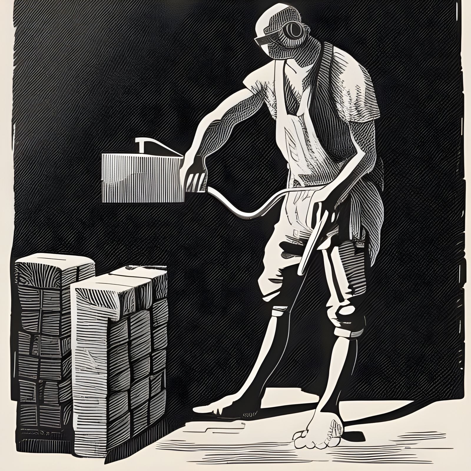 Architect Forging Keys in Linocut Style