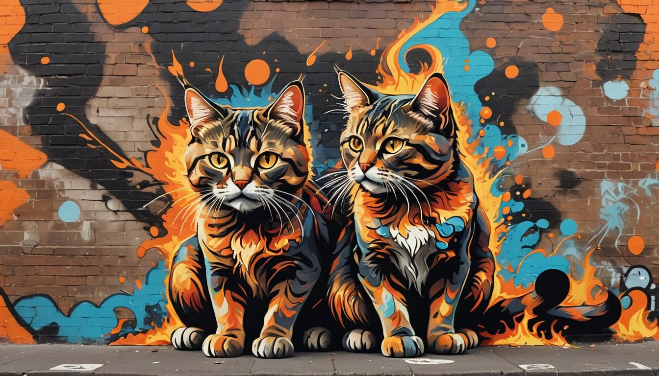 Fiery-Eyed Cat on Graffiti Wall in Vector Art