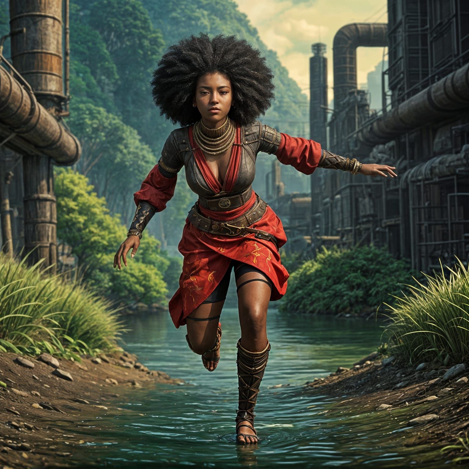 Cyberpunk Warrior Goddess in Afro-Japanese Fantasy