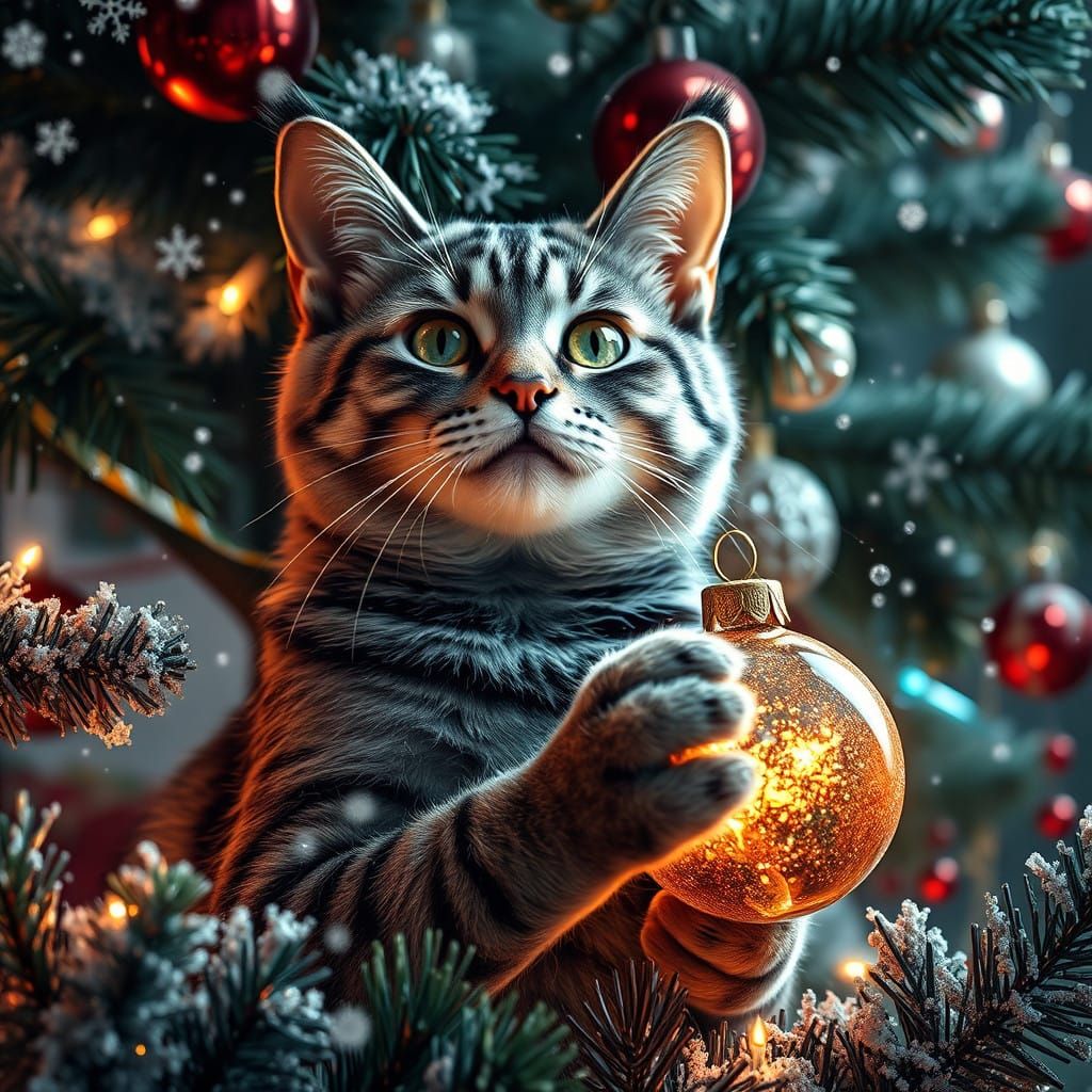 Whimsical Tabby Cat Seeks Treasure under Majestic Christmas....