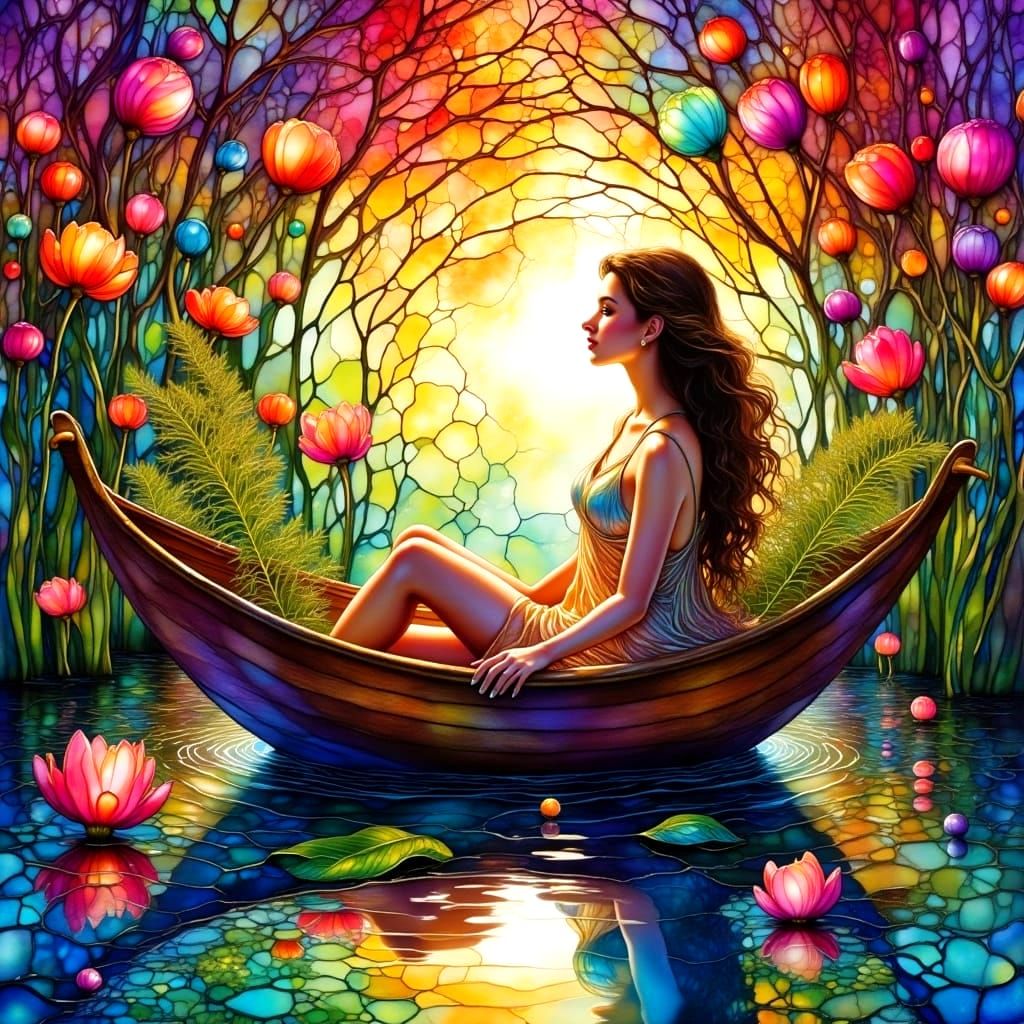 Vibrant Landscape: Stained Glass Mosaic Boat Scene