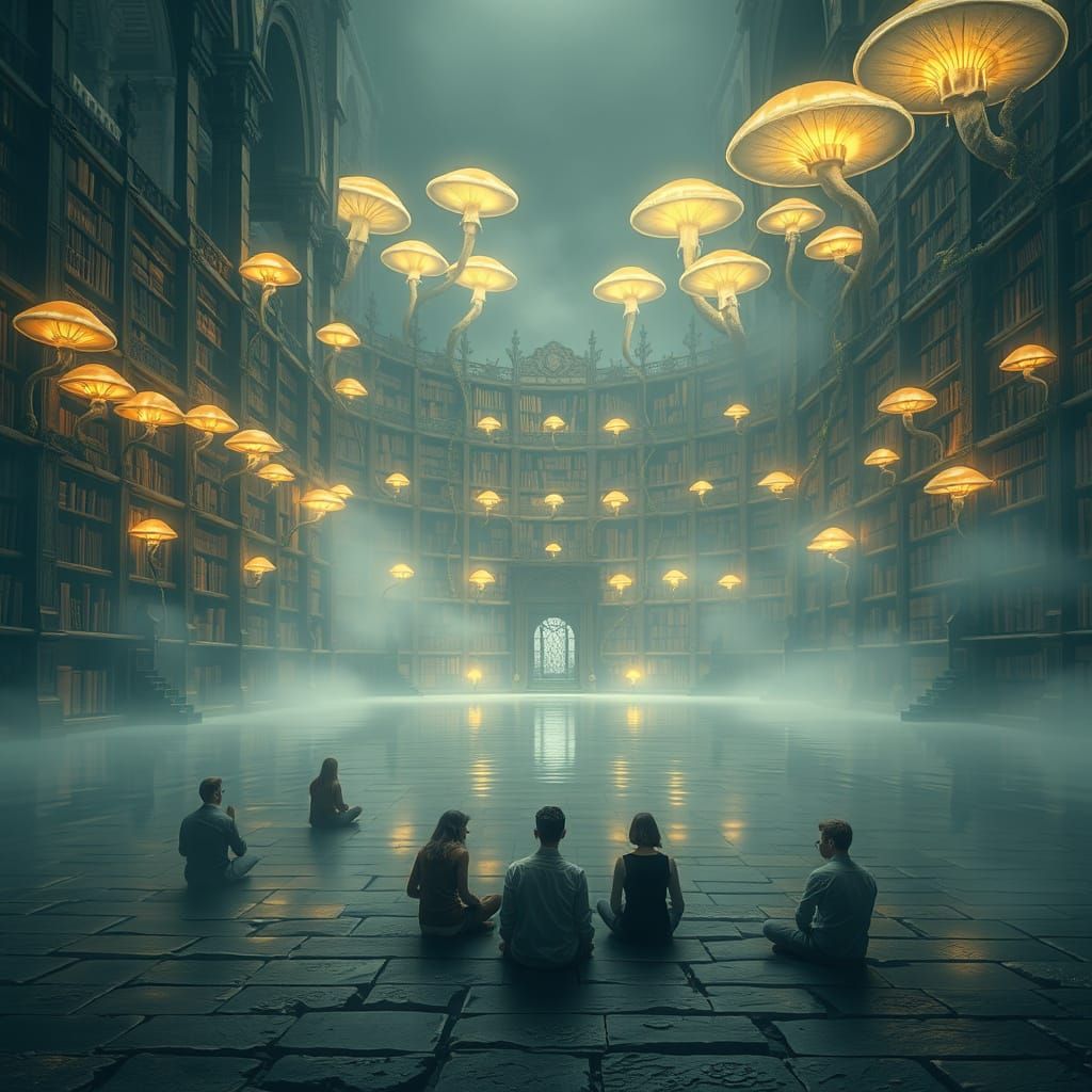 Ethereal Library Shrouded in Mist