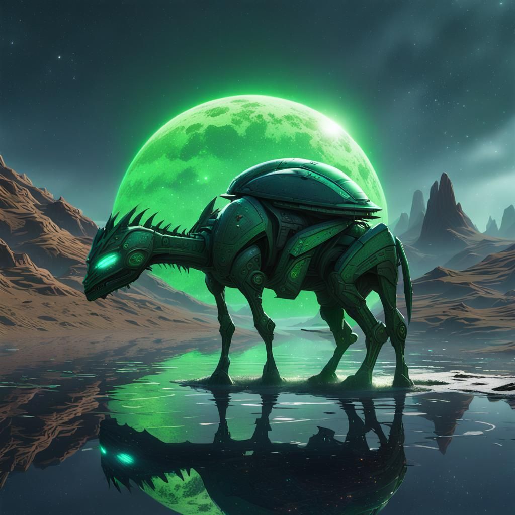 Green Alien Mare on Desolate Planet in Dark Fantasy Art