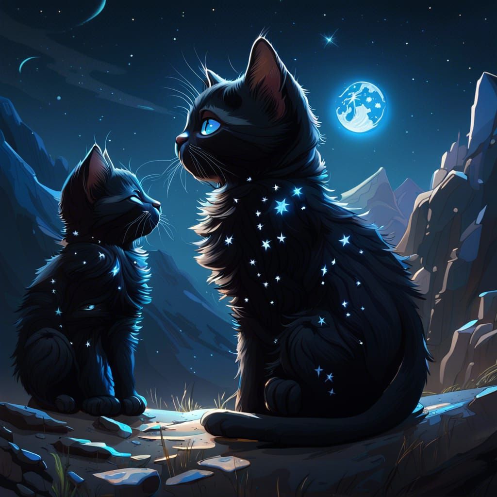 Starry Kittens in Moonlight: Hyperdetailed Concept Art