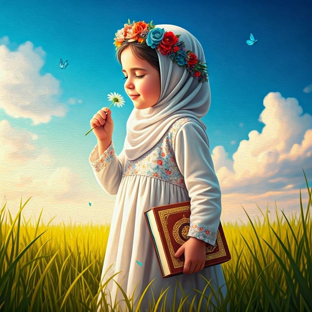 Girl with Flower in Lush Meadow, Astral Art