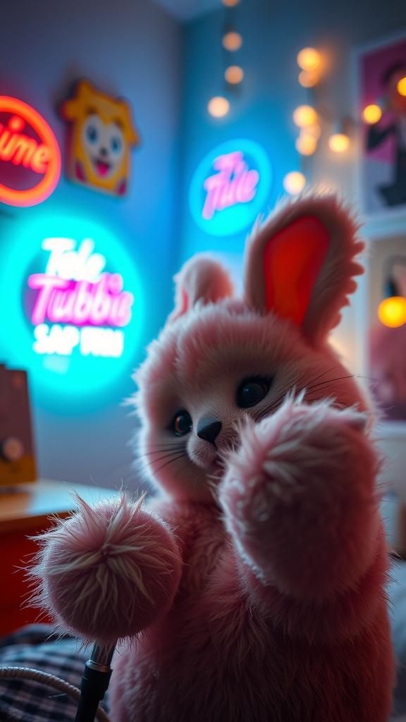 Dreamy Neon Teletubby Portrait with Furry Microphone