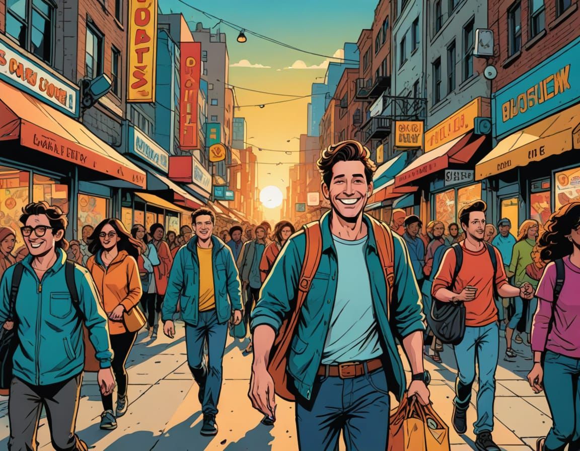 Cheerful City Street at Sunrise in Comic Book Style