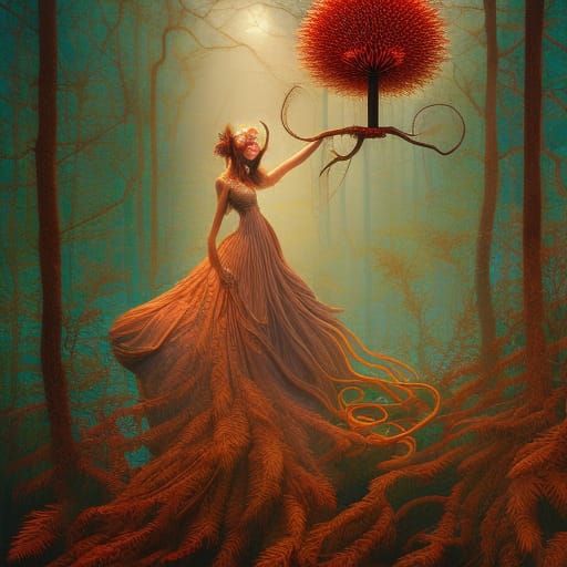 Pilgrim Woman in Fairytale Forest with Birds