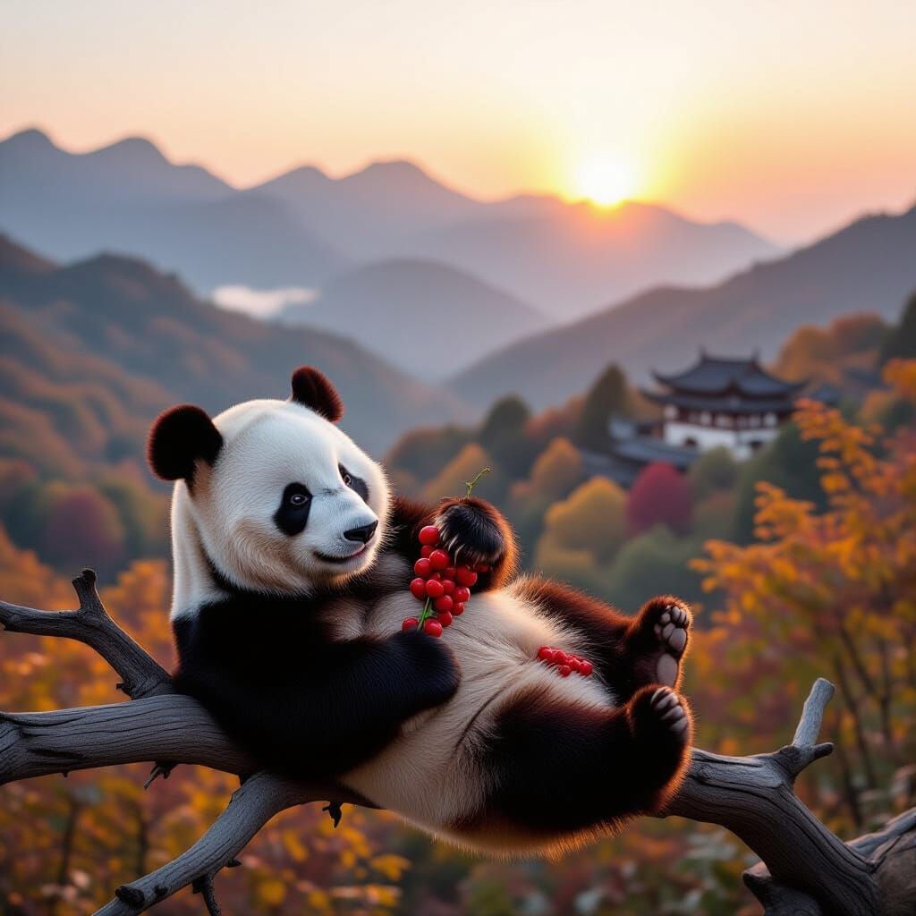 Red Panda Eating Berries in Misty Autumn Forest