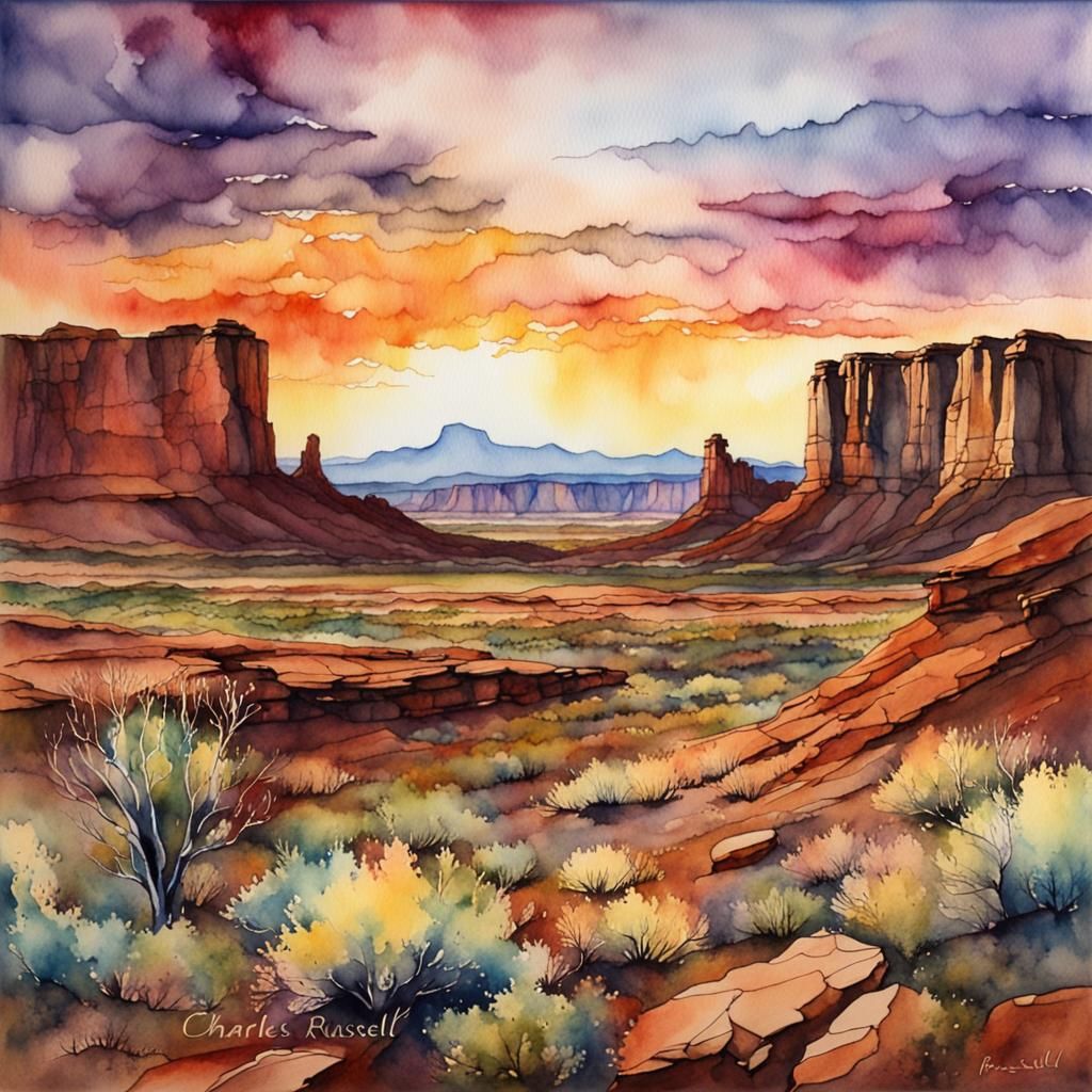 Majestic view of the Colorado Plateau, Watercolor and Alcohol Ink, Atmospheric, 
Stunning Sunset, Charles Russell
