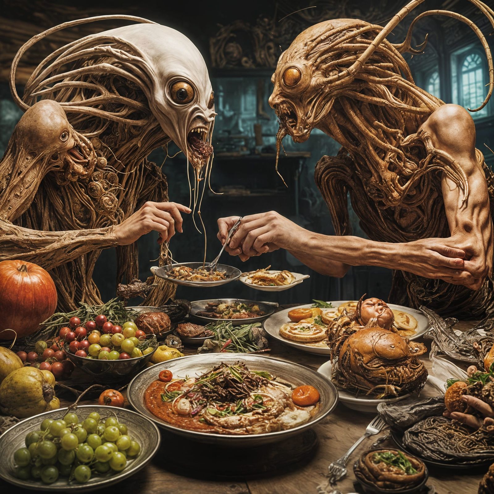 Hyperrealistic Feast of Futuristic Beings in 8k