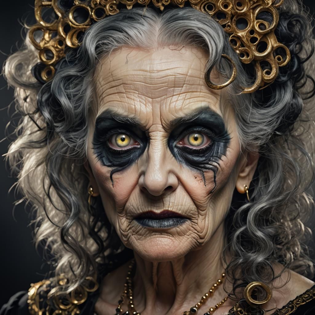 Gothic Surrealism: Elderly Woman's Colorful Makeup Portrait