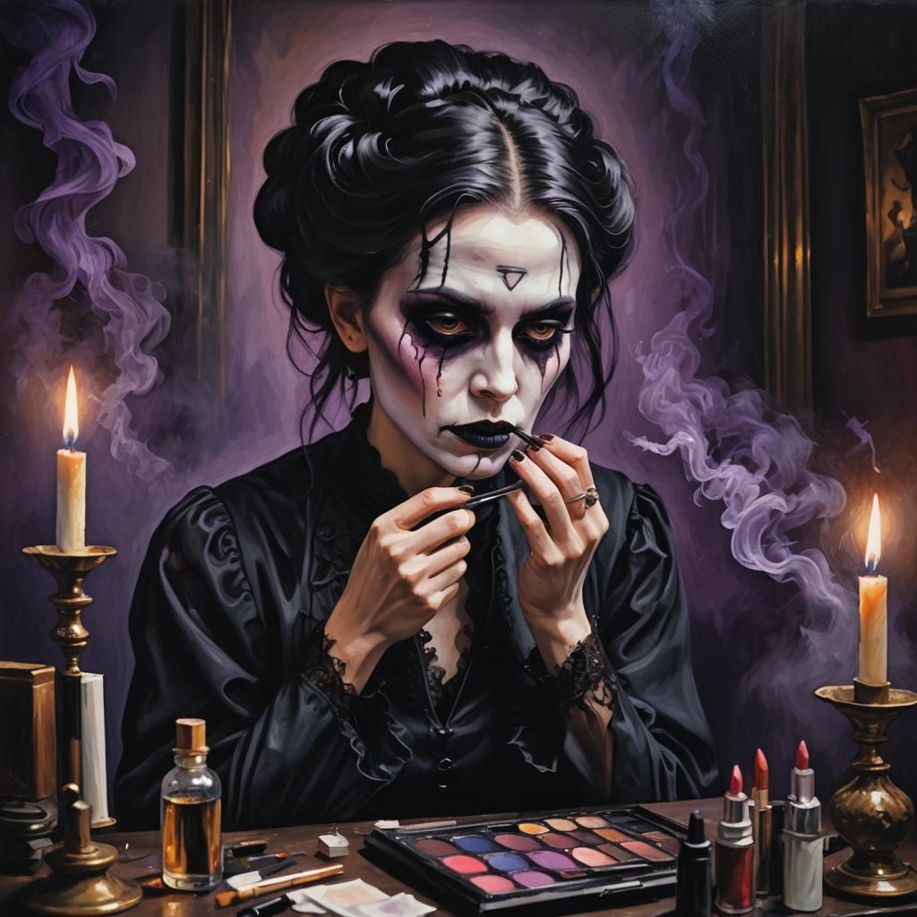 Gothic Woman Applying Makeup as Oil Painting