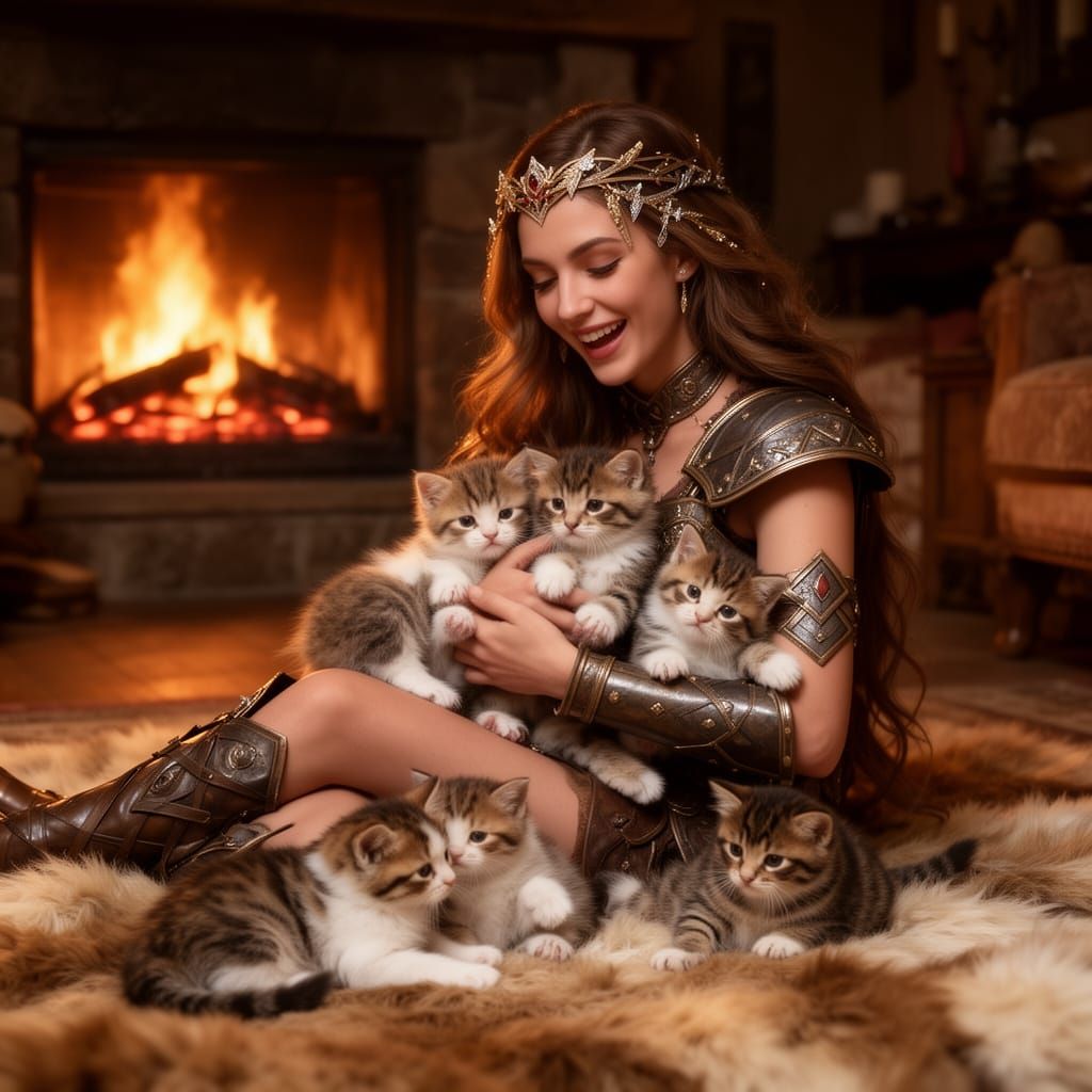 Warrior Princess Cuddles Kittens by Fireplace