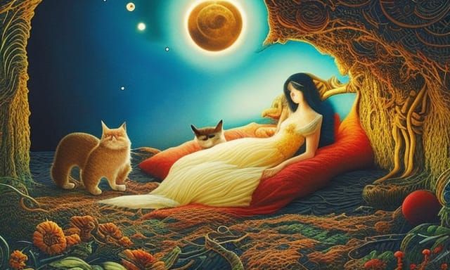 Woman Sleeping in Surreal Sun and Moon Bed