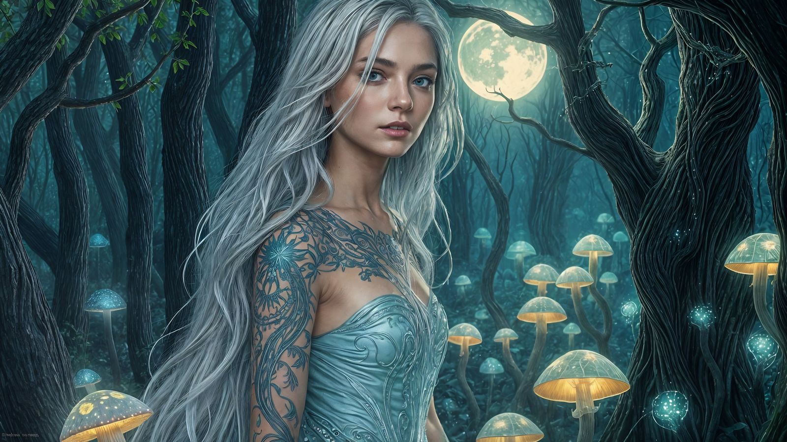 Ethereal Fantasy Goddess in Bioluminescent Forest