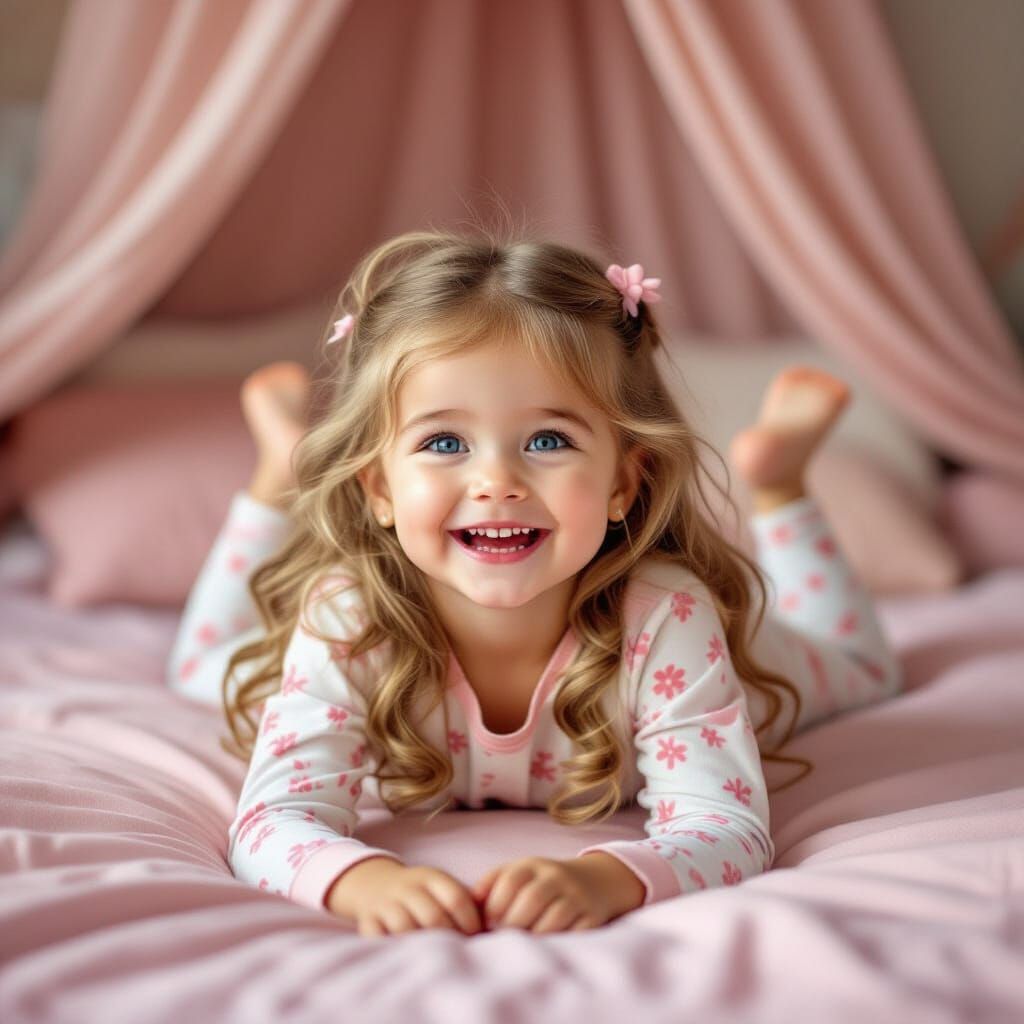 Innocent Girl Laughing on Pink Canopy Bed