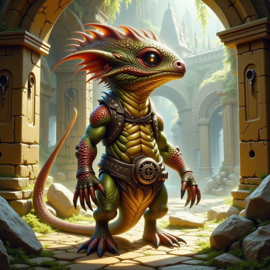 Detailed Fantasy Concept Art of a Kobold in Ancient Ruins
