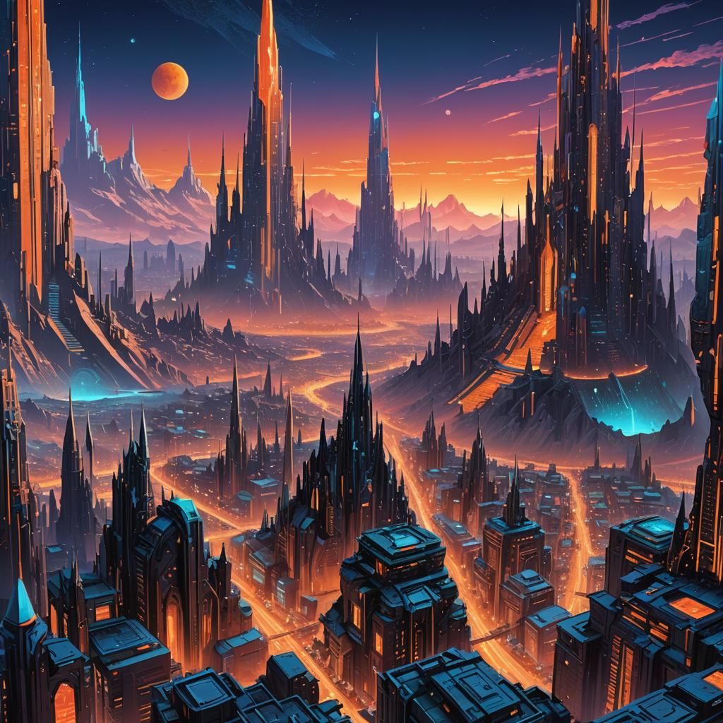 Neon Cityscape on Alien Planet at Dusk