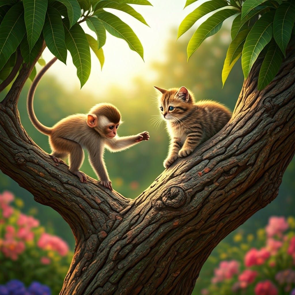 Kitten Learns to Climb from Monkey in Garden