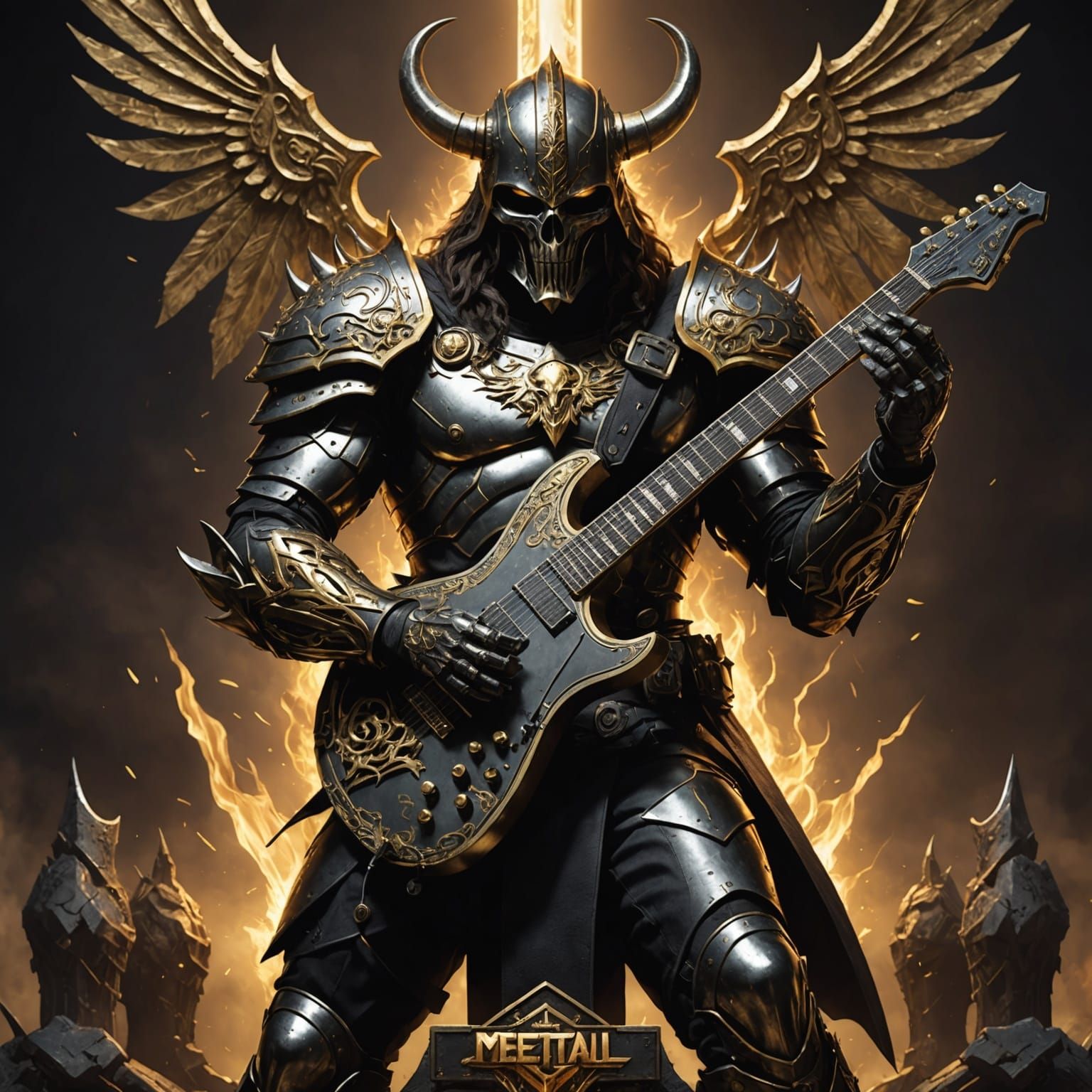 Metal God with Electric Guitar in Dark Fantasy Art