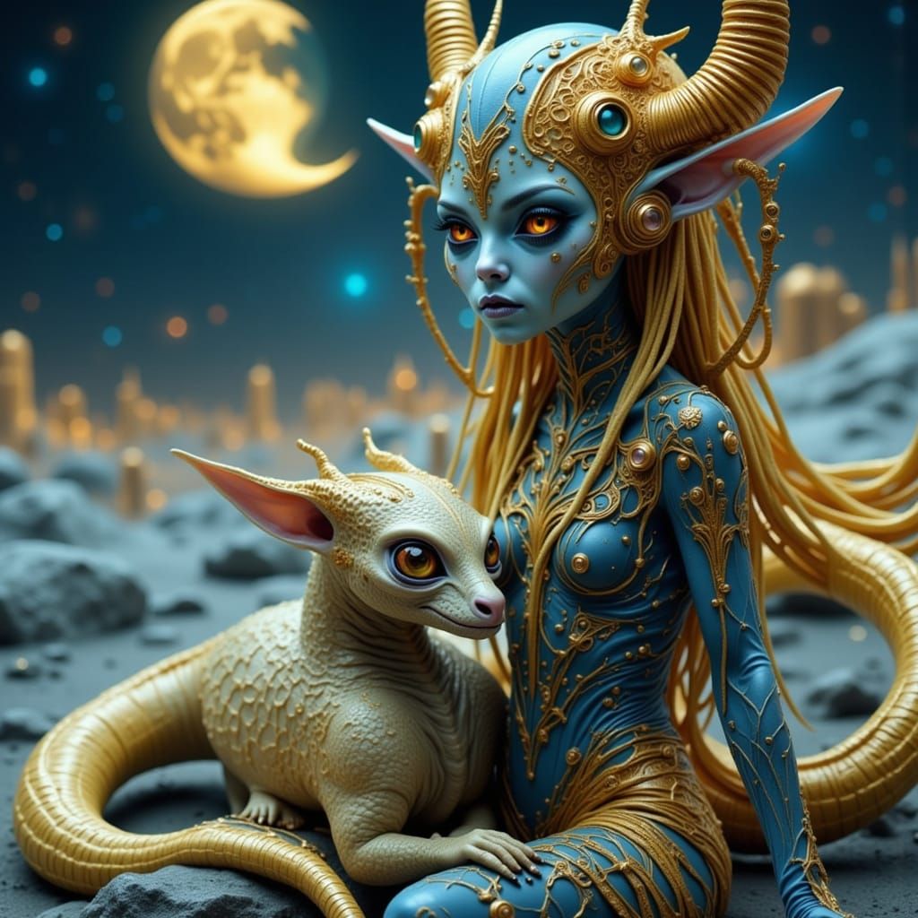 Hyperrealistic Alien Woman with Dragon in Sci-Fi City