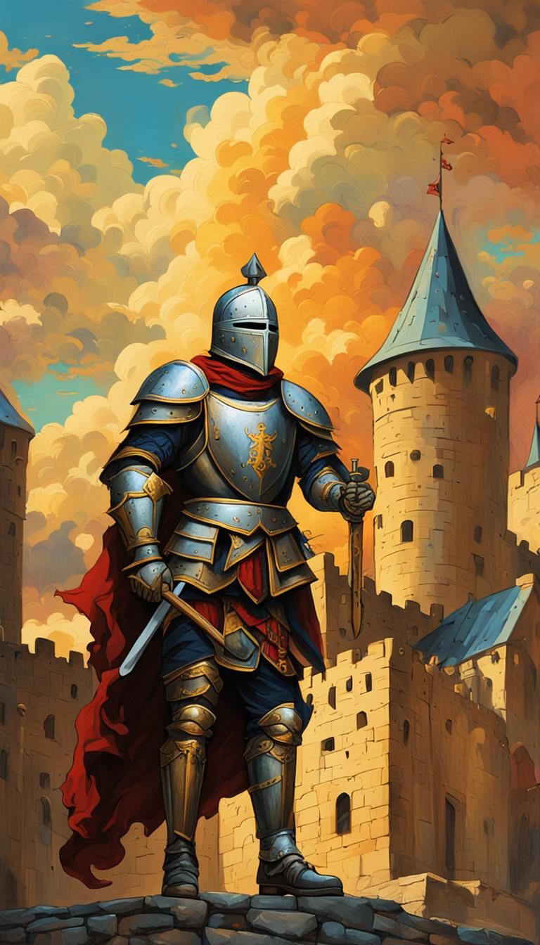 Knight in Grand Castle Courtyard: Fantasy Oil Painting