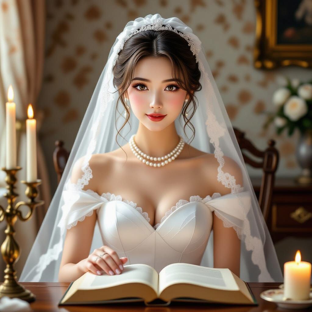 Victorian Bride Reading by Candlelight, Romantic Oil Paintin...