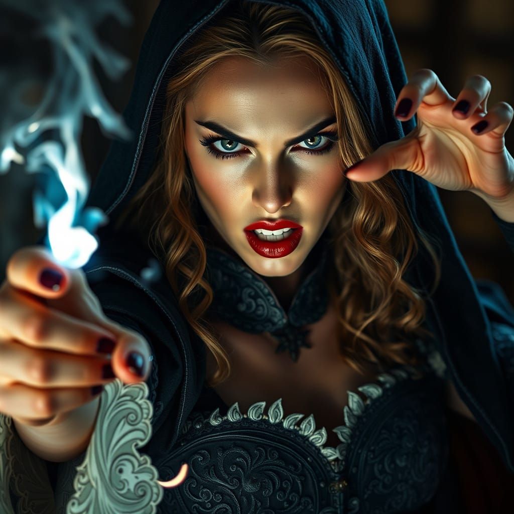 A Beautiful Sorceress in Intricate Medieval Attire Throws a....