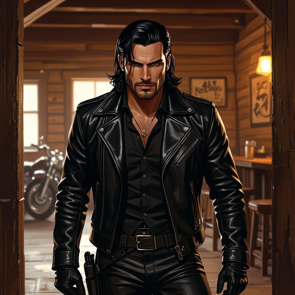 Noir Motorcyclist Enters Western Saloon