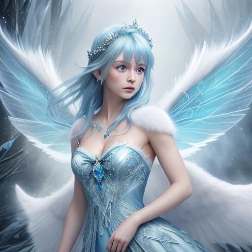 Ice Fairy with Blue Dress, Hyperrealistic Photo