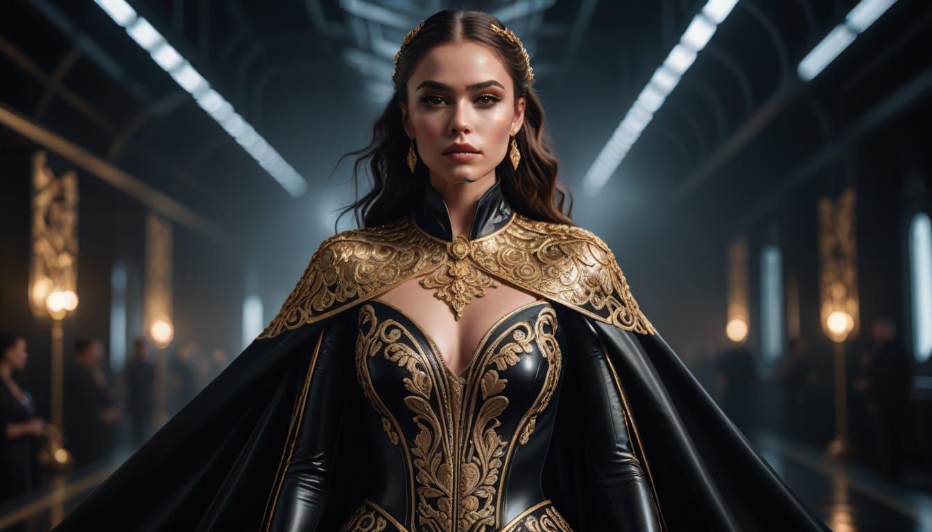 Elegant Woman in Futuristic Latex Gown on Runway