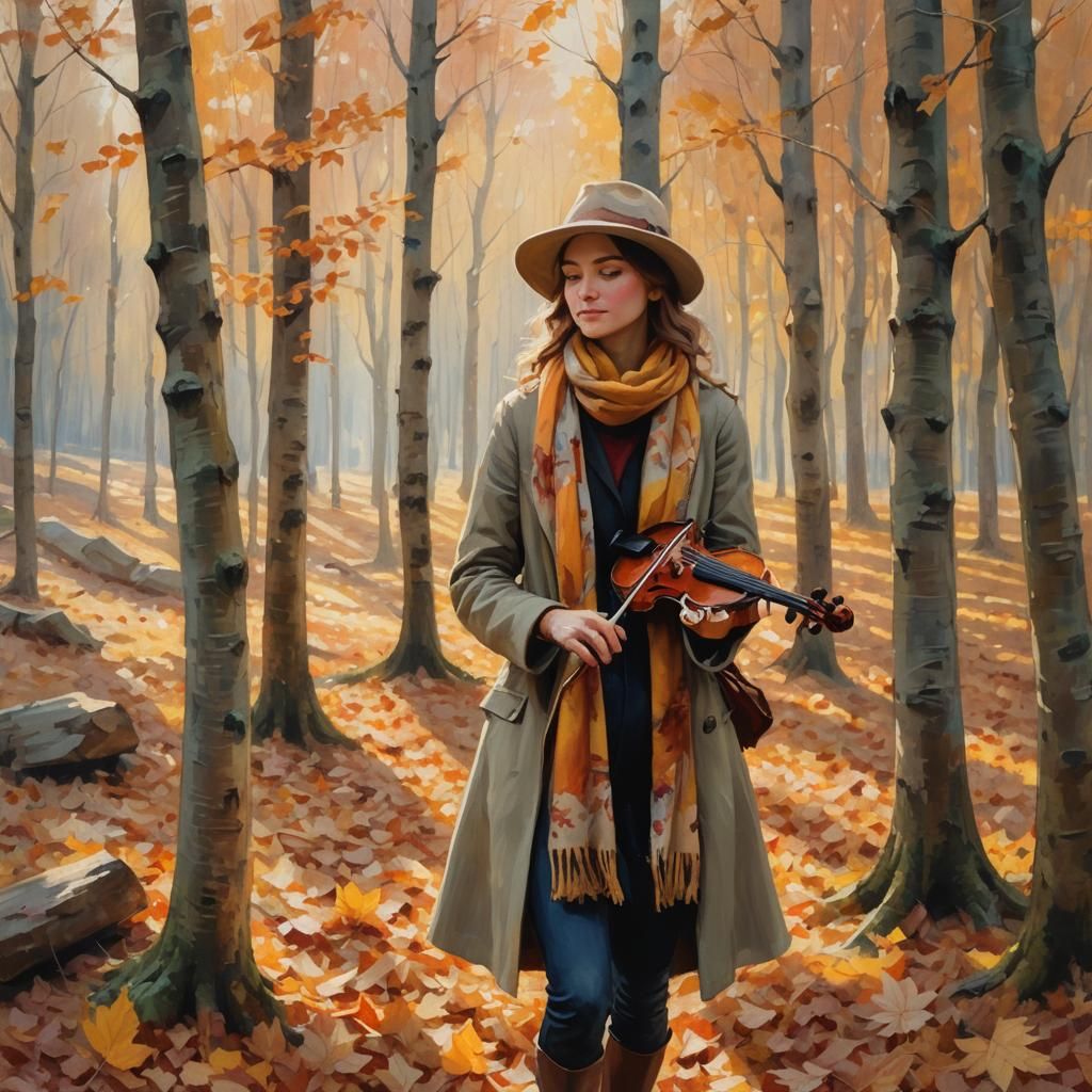 Impressionist Woman Playing Violin in Autumn Forest