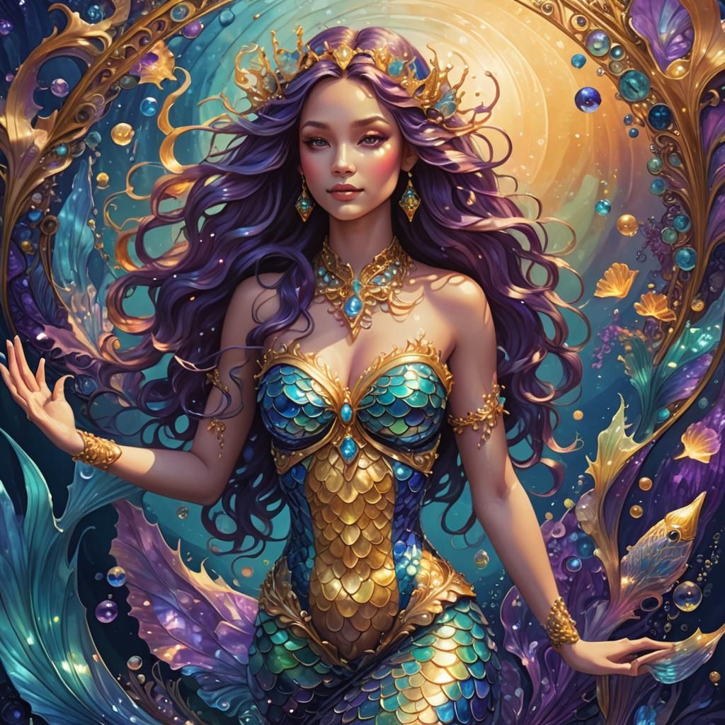 Radiant Mermaid with Translucent Tail in Majolica Style