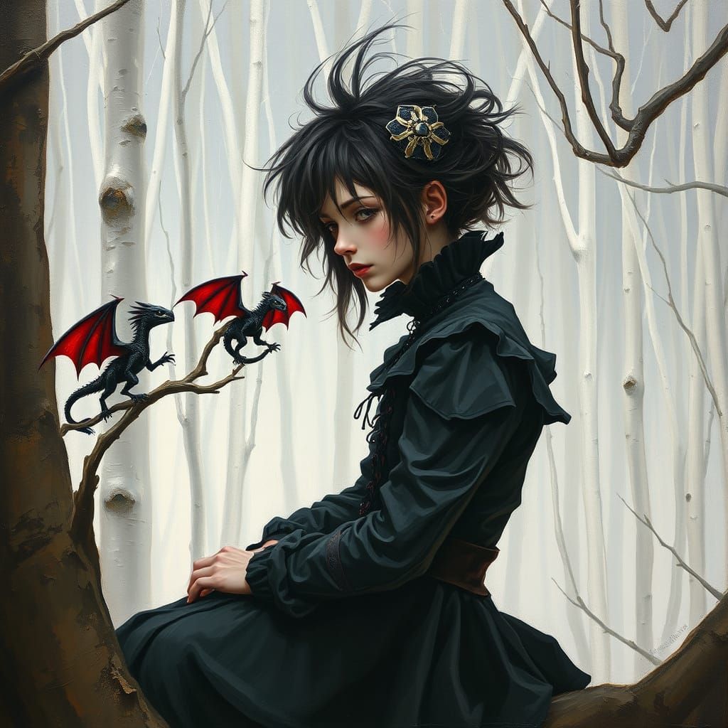A Young Woman in Gothic Attire with a Dragon in a Dreamy Lan...