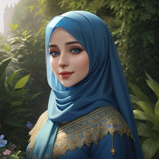 Woman in Blue Hijab: Detailed Character Art