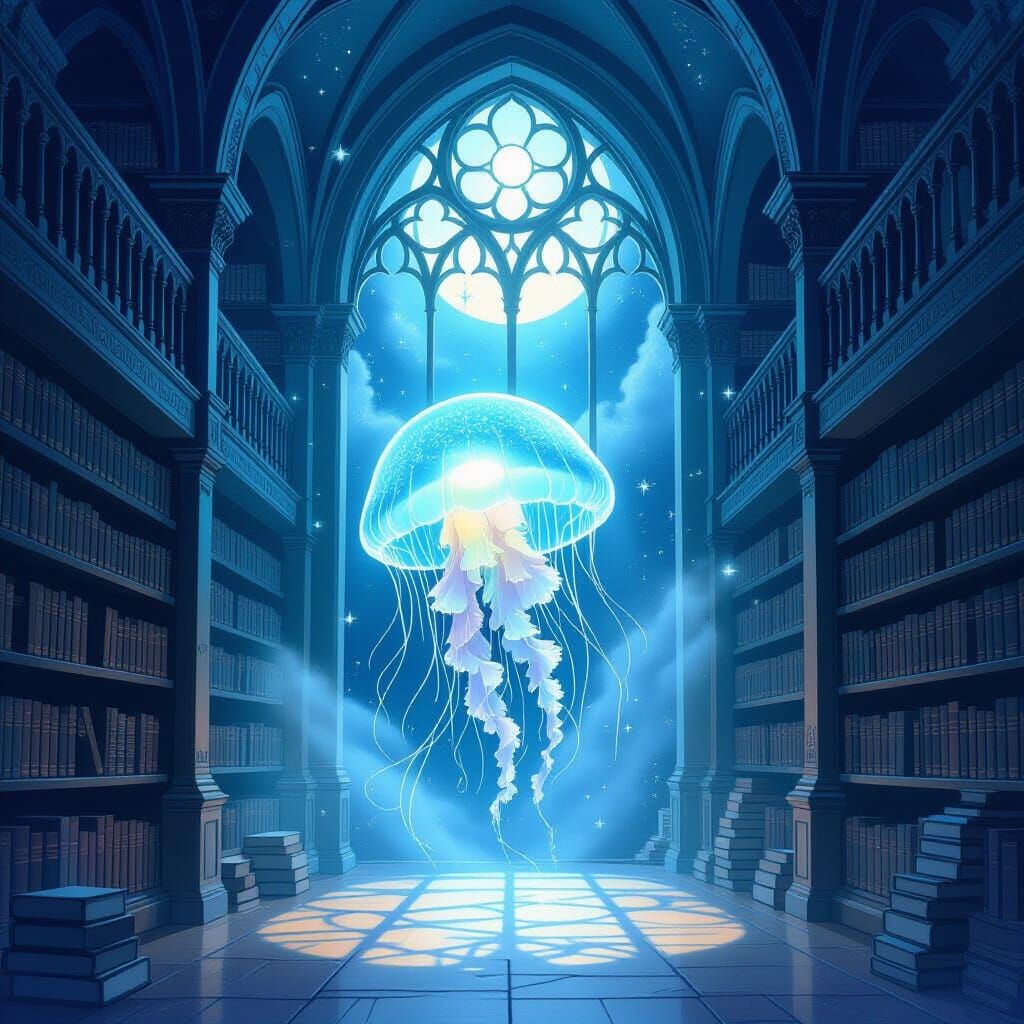 Bioluminescent Jellyfish in Gothic Library, Watercolor Style