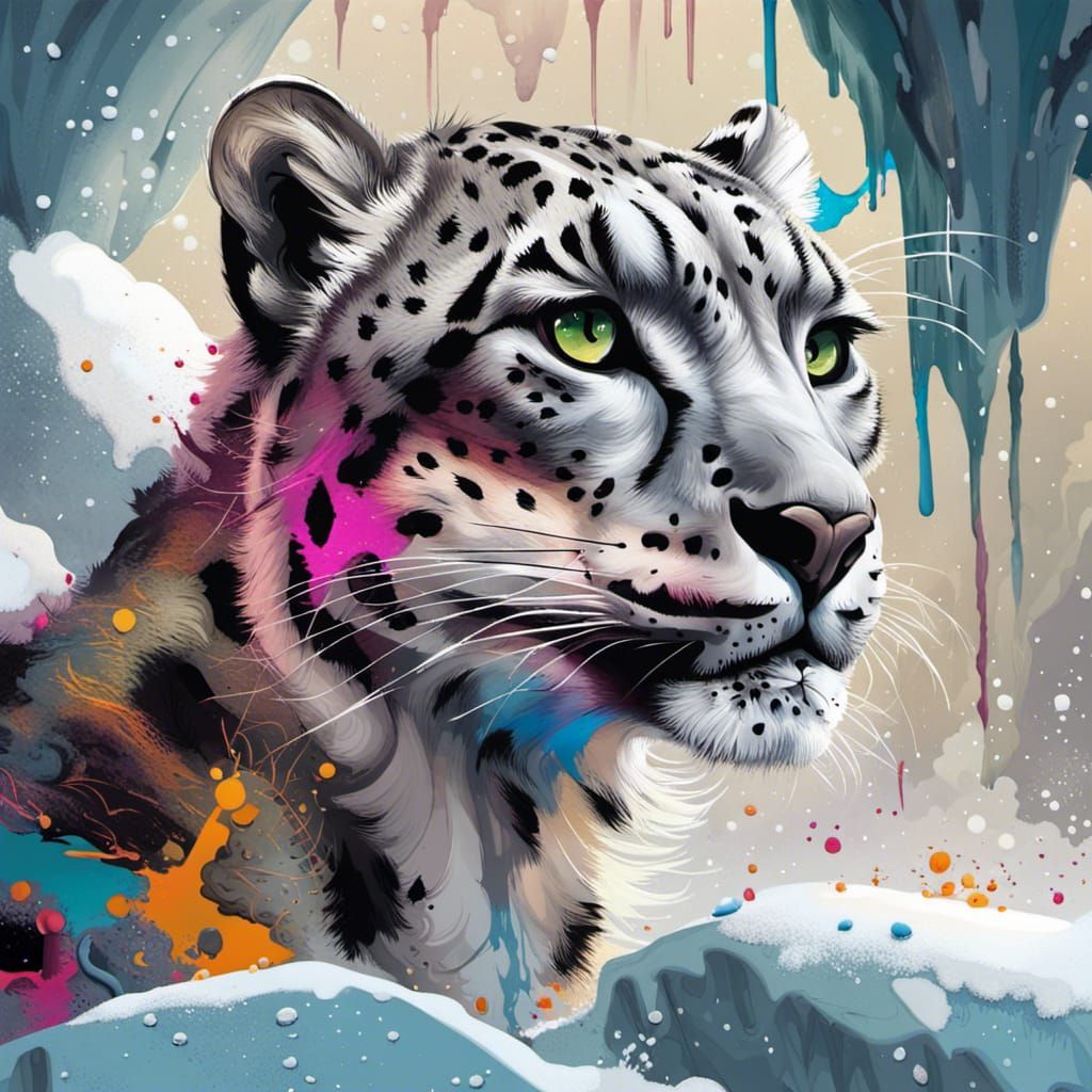 Snow Leopard Man Hybrid in Graffiti Art Ice Cave