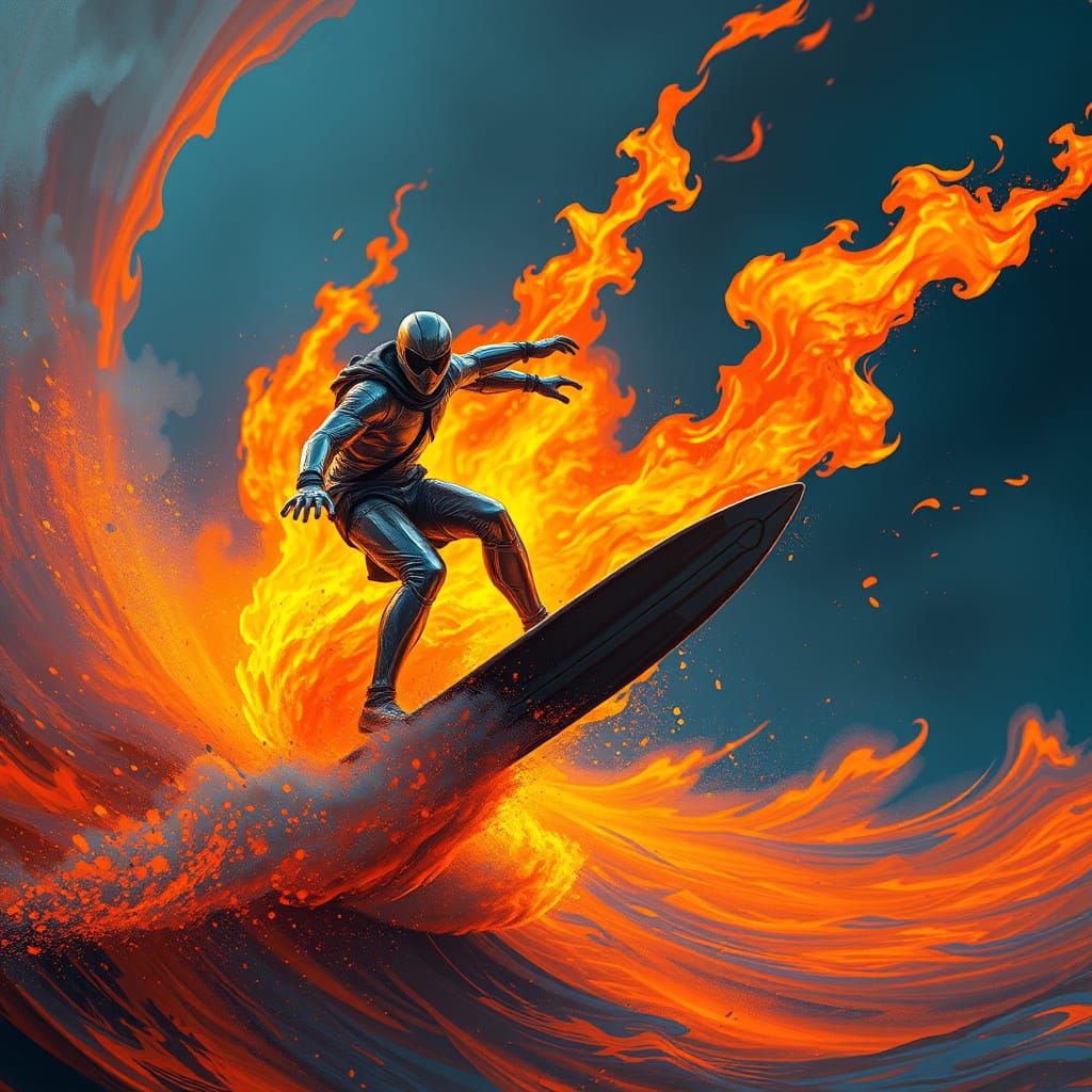 Cyberpunk Surfer Rides Wave of Flames
