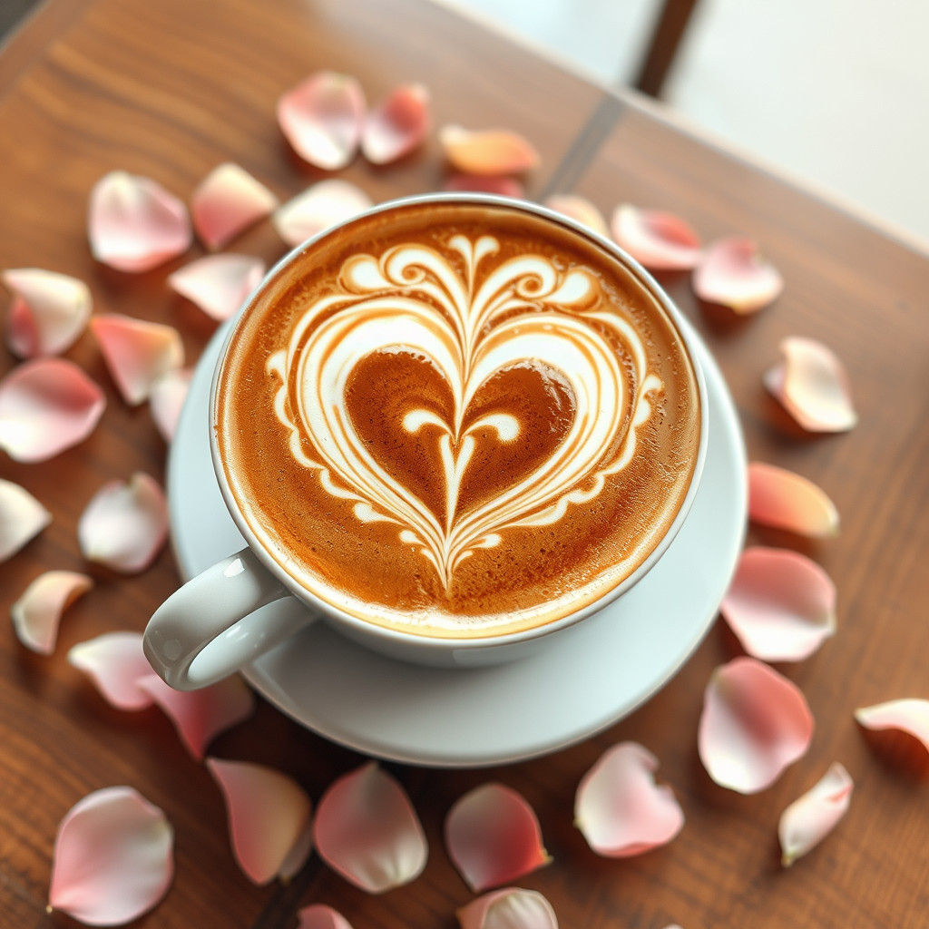 Whimsical Heart-Shaped Latte Design with Rose Petals
