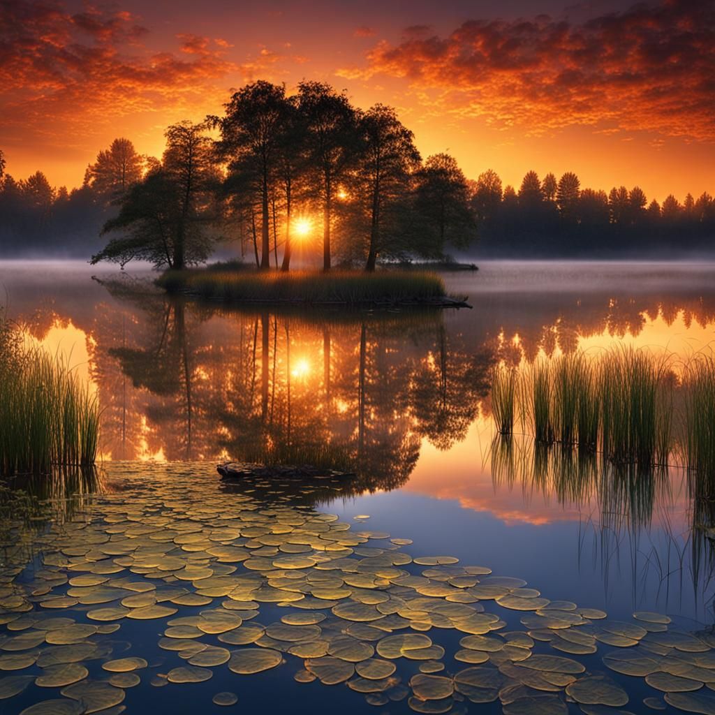 Magical Sunrise Over a Tranquil Lake