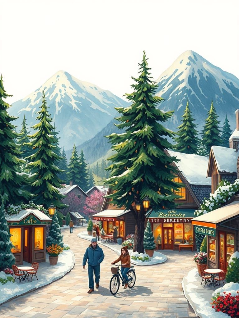 Winter Wonderland Village Scene in Vibrant Colors