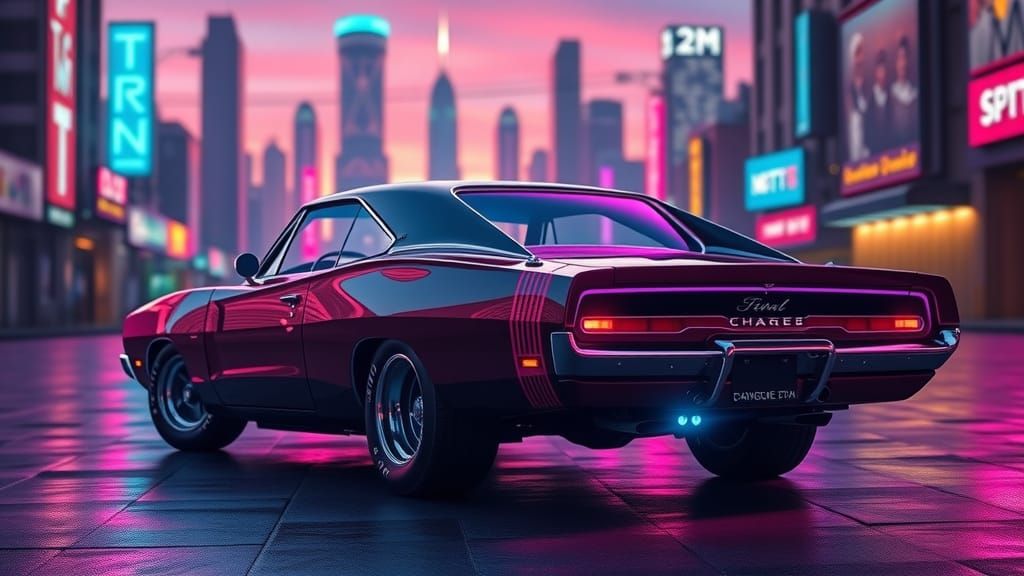 Neon-Lit 1968 Dodge Charger in Synthwave Cityscape