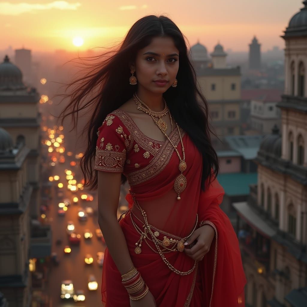 Indian Woman with Gold Jewelry at Dusk