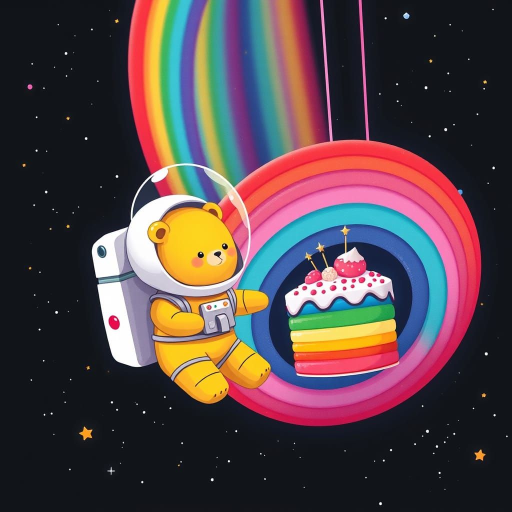 Vibrant Space Cake with Yellow Bear Astronaut