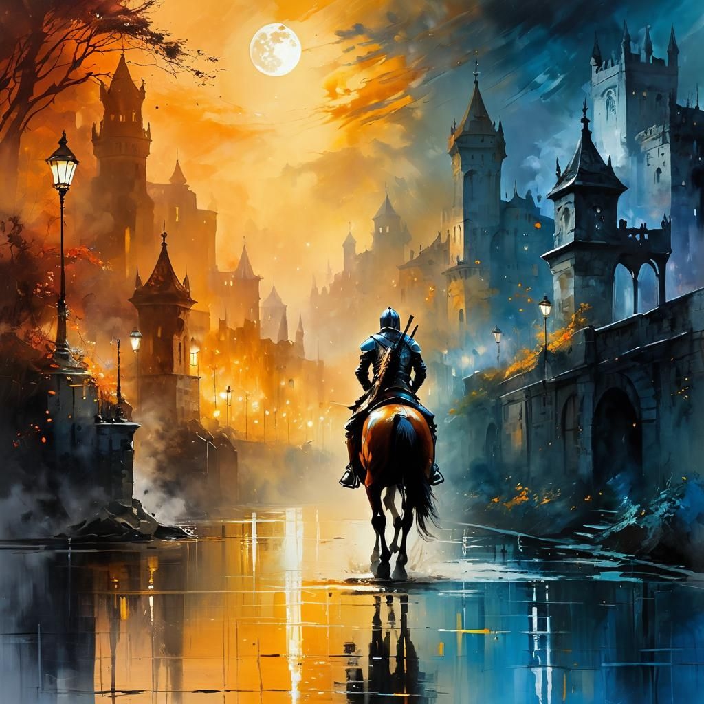 Knight on horse back silver armour moon lit night by Thomas ...