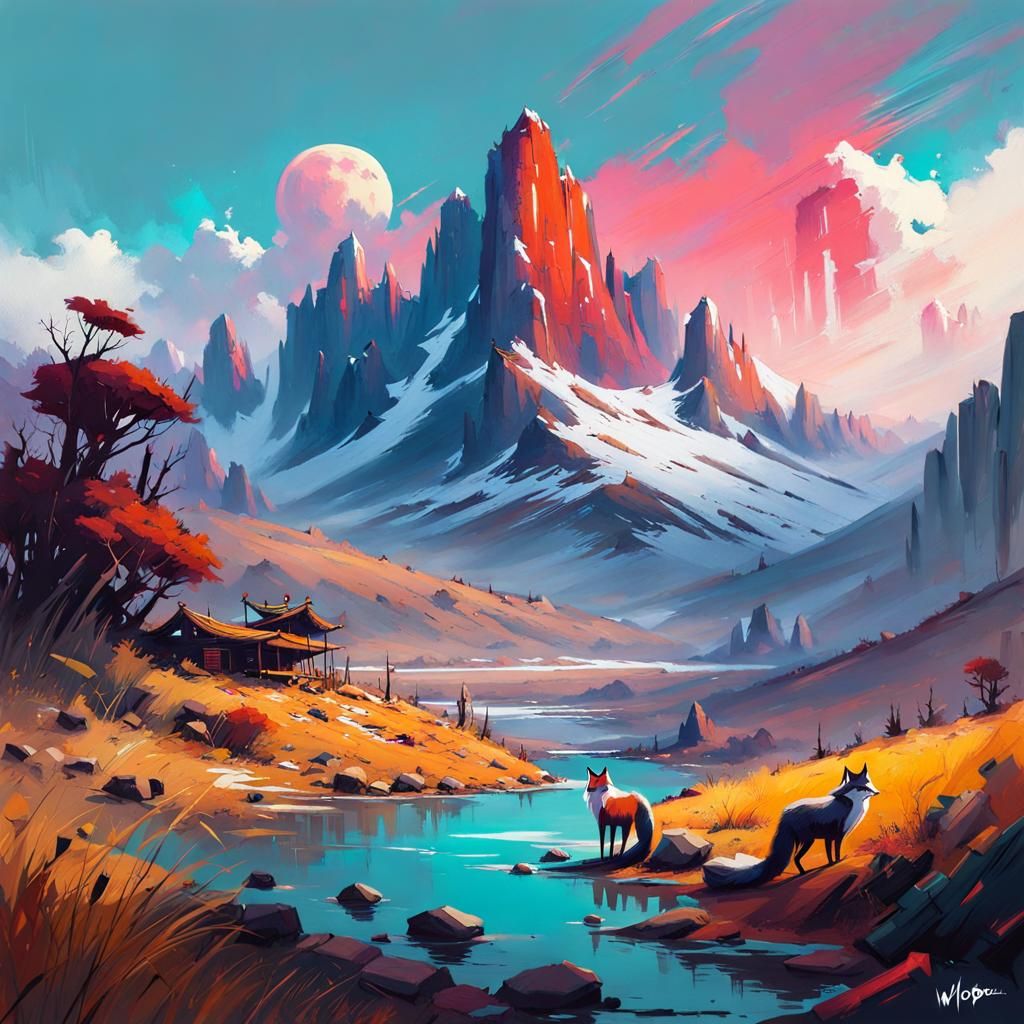 Peruvian Landscape with Mythical Fox in Gouache Style